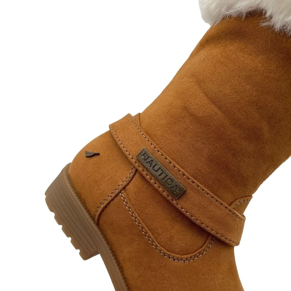 Nautica Little Girls Fashion‎ Tall Boots Size 13 Brown Vegan Suede Faux Fur Trim